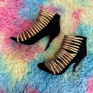 Torrid Womens Black Gold Cage Stiletto Heels Strappy Open Toe Sandals 7W